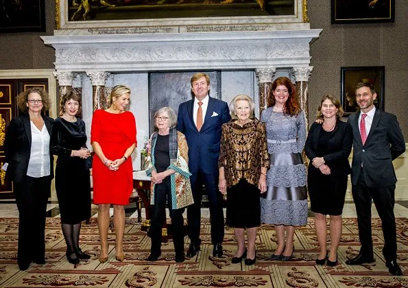 Queen Máxima, Princess Beatrix and Barbara Ehrenreich attended 2018 Erasmus Prize ceremony. Queen Maxima wore Natan red silk ruffled dress