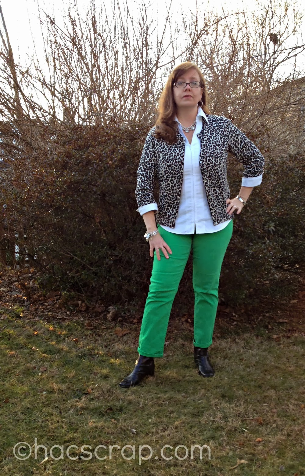 Green Jeans, White Shirt, Leopard Cardi