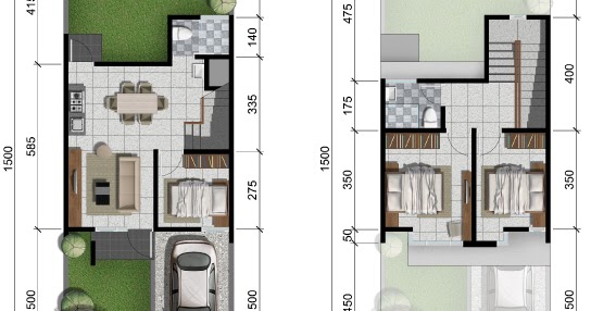 Denah rumah minimalis ukuran 6x15 meter 3 kamar tidur 2