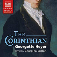 The Corinthian audiobook cover. A cropped image featuring a painting of a man's torso. He is wearing regency dress, a velvety jacket and a high collared white shirt and cravat.