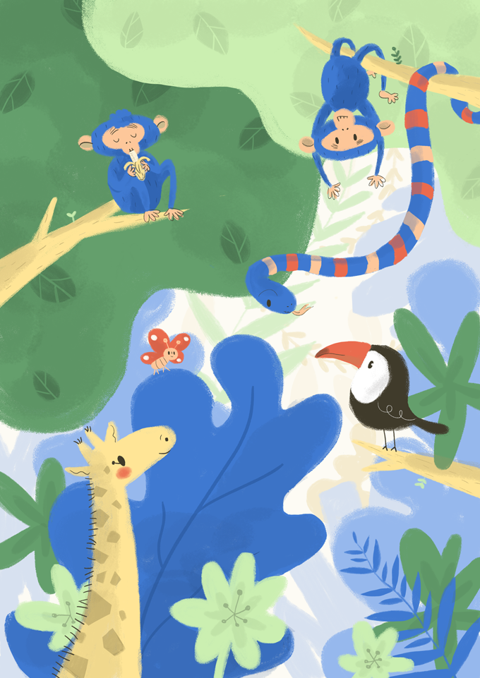 jungla, jungle, monkeys, illustration, ilustración, tucan, cute animals