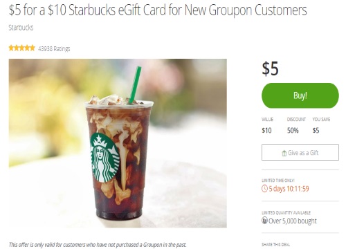 Groupon Starbucks $5 For $10 eGift Card For New Customer