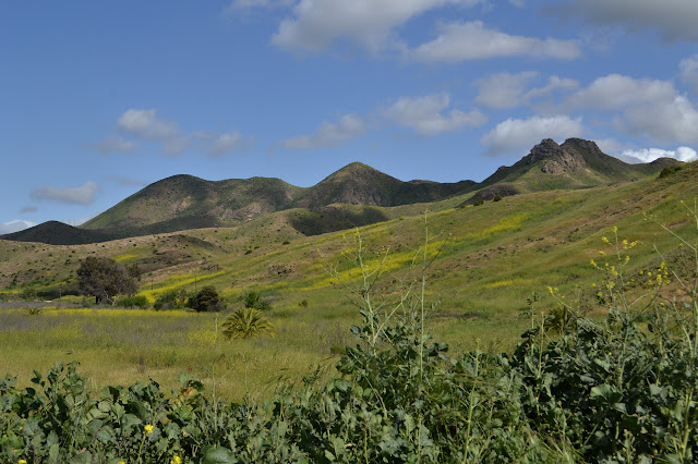 grassy bits heading up to low, rocky peaks