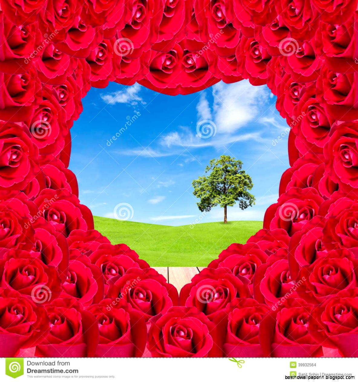 Beautiful Red Roses Shaped As Heart With Natural Landscape Stock