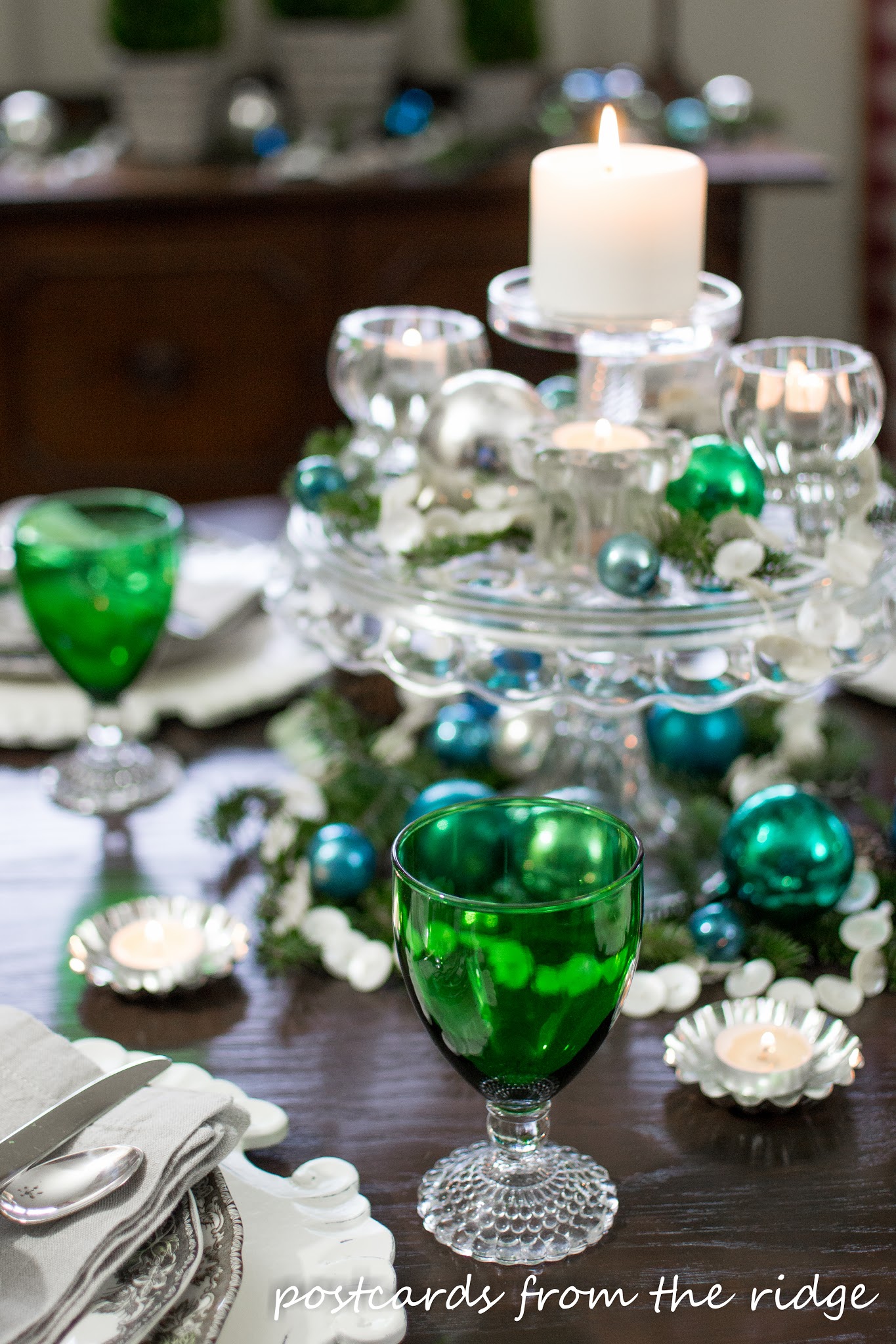 Holiday Tablescape Ideas using mostly vintage items. Love the green goblets.