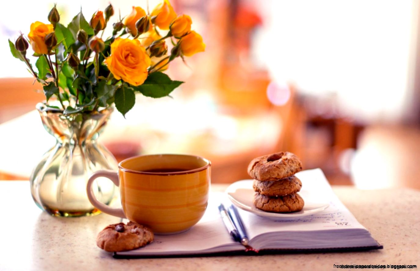 Vase Roses Yellow Notepad Cup Tea Biscuits Hd Wallpaper  Best
