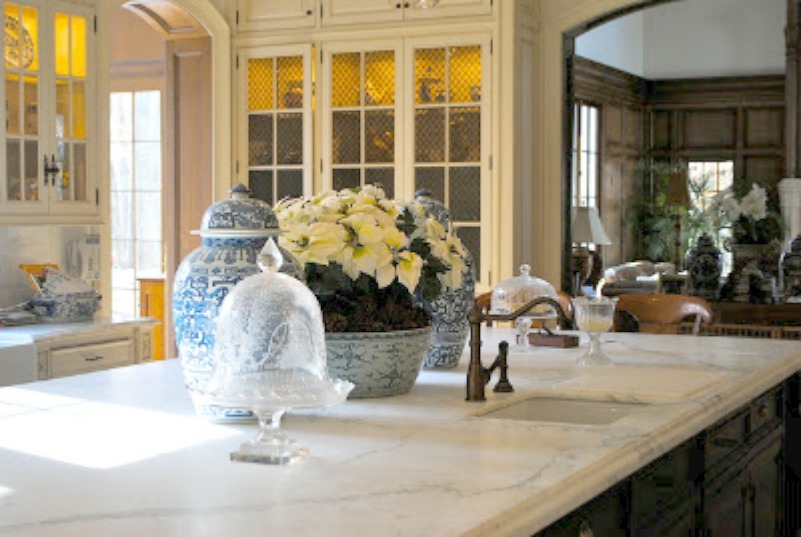 Blue and white French inspired kitchen and family room by Enchanted Home