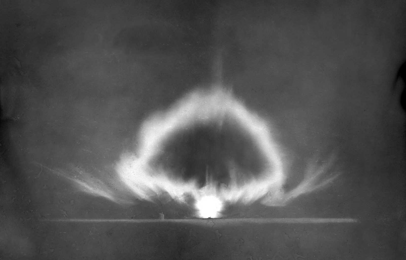 A longer-exposure photograph of the Trinity explosion seconds after detonation on July 16, 1945.