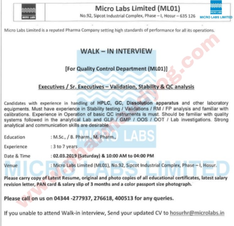 Micro labs Walkin for Quality assurance 2nd March 2019 Hosur