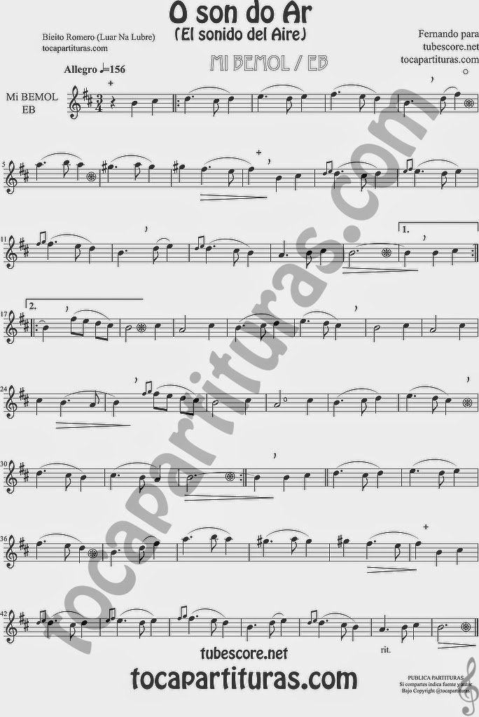 Versión Partitura en clave de sol para saxo alto, barítono, corno o trompa en Mi bemol 