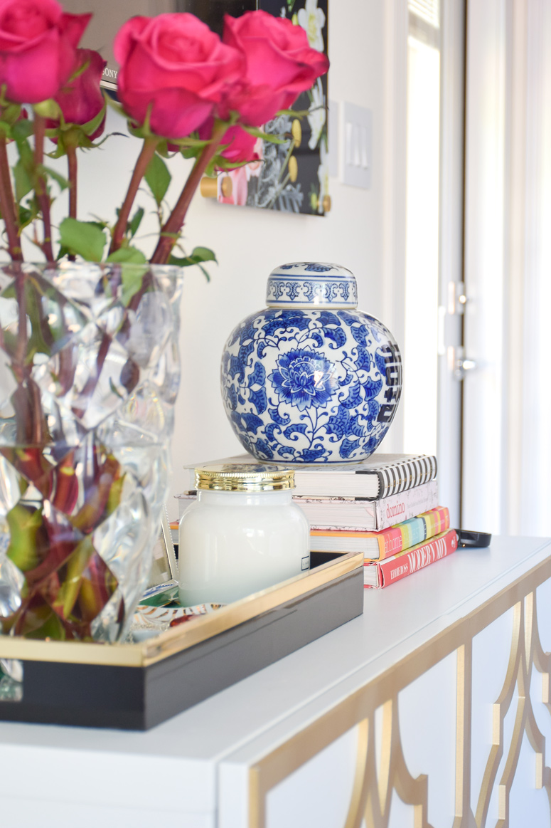 Blue and white ginger jar on top of an IKEA Besta TV stand madeover using some O'verlays (the Khloe Kit).