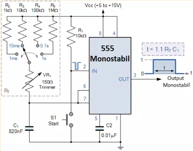 Rangkaian IC 555 Timer Monostabil Switchable