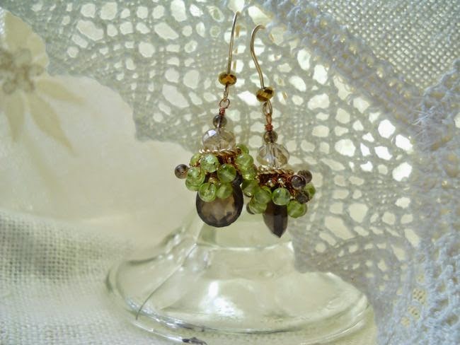 smokey quartz and peridot gemstone earrings in 14/20 gf