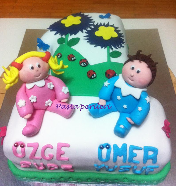 PASTA PERİLERİ İKİZ BEBEKLER 1 YAŞ PASTA &quot;ÖZGE&amp;ÖMER&quot;