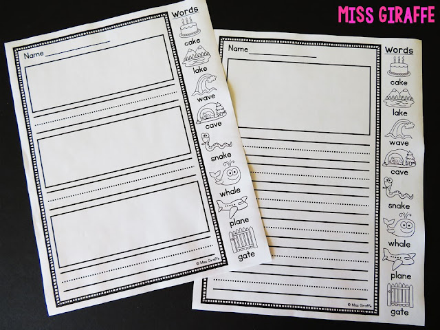 Reluctant writers first grade solution! These primary writing paper with picture box printables have words with the weekly phonics skill going down the side so kids can't say they don't know what to write about or don't know how to spell... teacher problem solved! :)