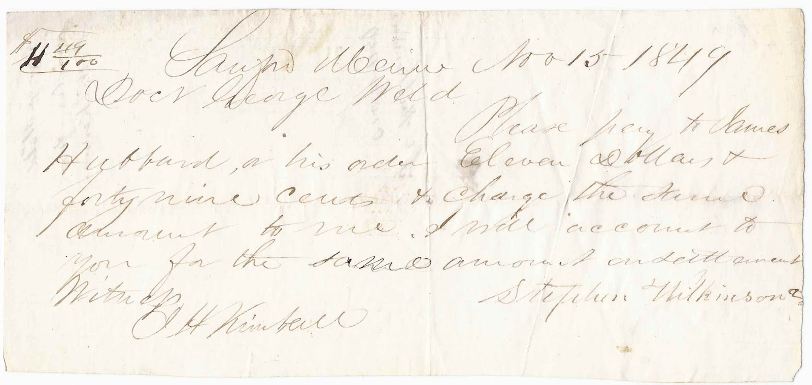 Heirlooms Reunited 1849 handwritten document, Sanford, Maine Dr