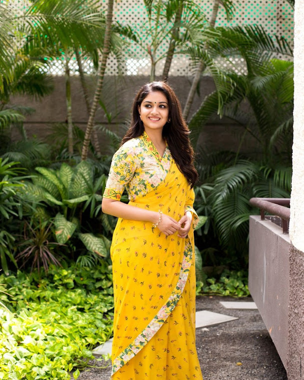 Keerthy Suresh in yellow saree at Nadigaiyar Thilagam Promotions