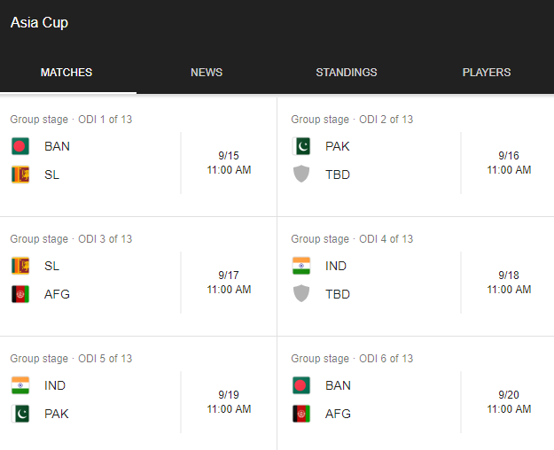 Asis CUP Cricket 2018 Point Table, Bangladesh Squad, schedule and venue