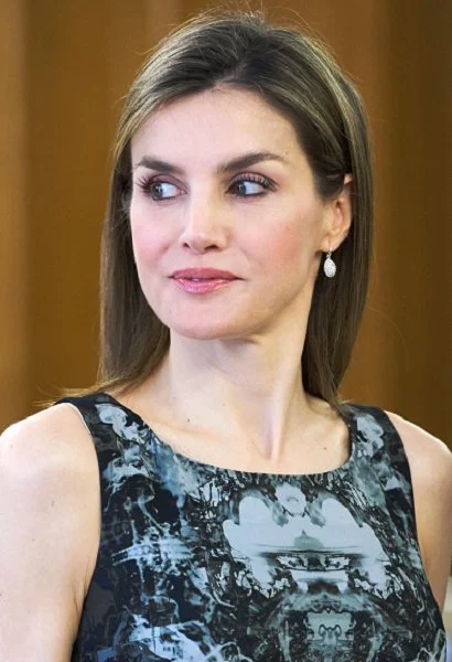 Queen Letizia hold Audience at Zarzuela Palace. Queen Letiza wore HUGO BOSS Dress and PRADA Pumps