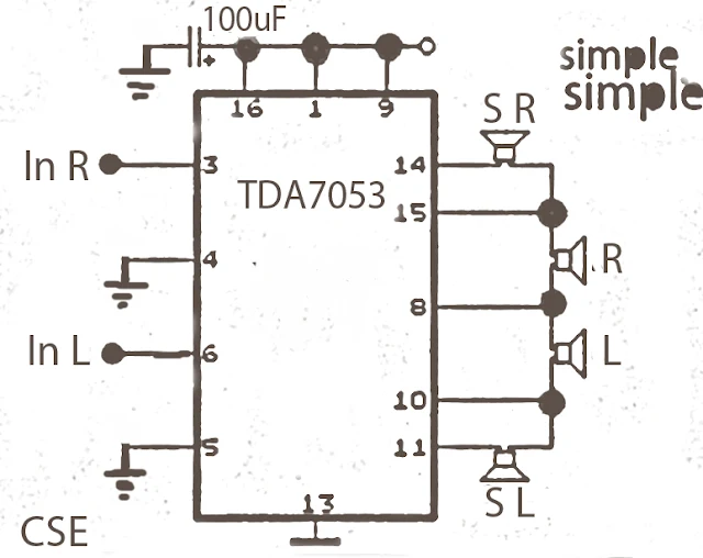 Simple Surround audio amplifier circuit based on the IC TDA7053