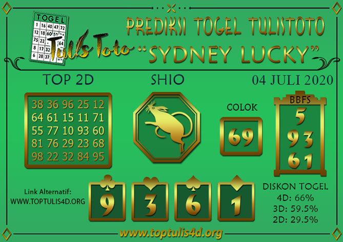 Prediksi Togel SYDNEY LUCKY TODAY TULISTOTO 04 JULI 2020