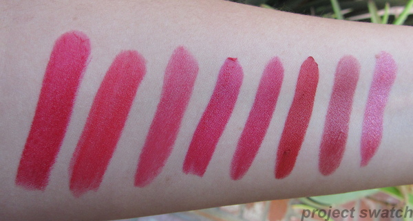 Swatches: WnW Stoplight Red, WnW Red Velvet, WnW Hot Red, WnW Cherry Frost, WnW Cinnamon, NYC Retro Red, NYC Sheer Red, NYC Ruby