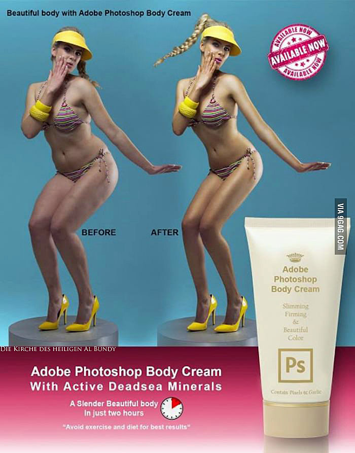 Photoshop Vergleichsbild - Frau in Bikini Vorher Nachher lustig