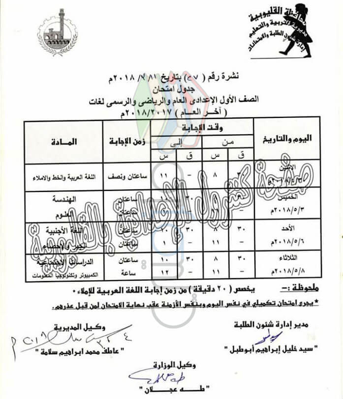 جدول مواعيد امتحانات 2018 الترم الثاني محافظة القليوبية