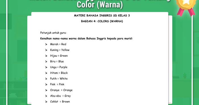 Materi Bahasa  Inggris  Kelas 3 SD Tentang Color Warna  