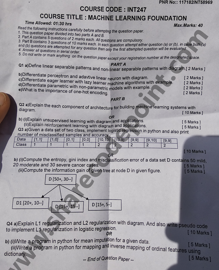 INT247 : Machine Learning Foundation Mid Term Exam Question Paper - INT