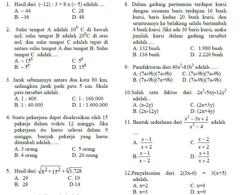 Berikut Soal Matematika Smp Kelas 7 Semester 1 Bilangan Bulat