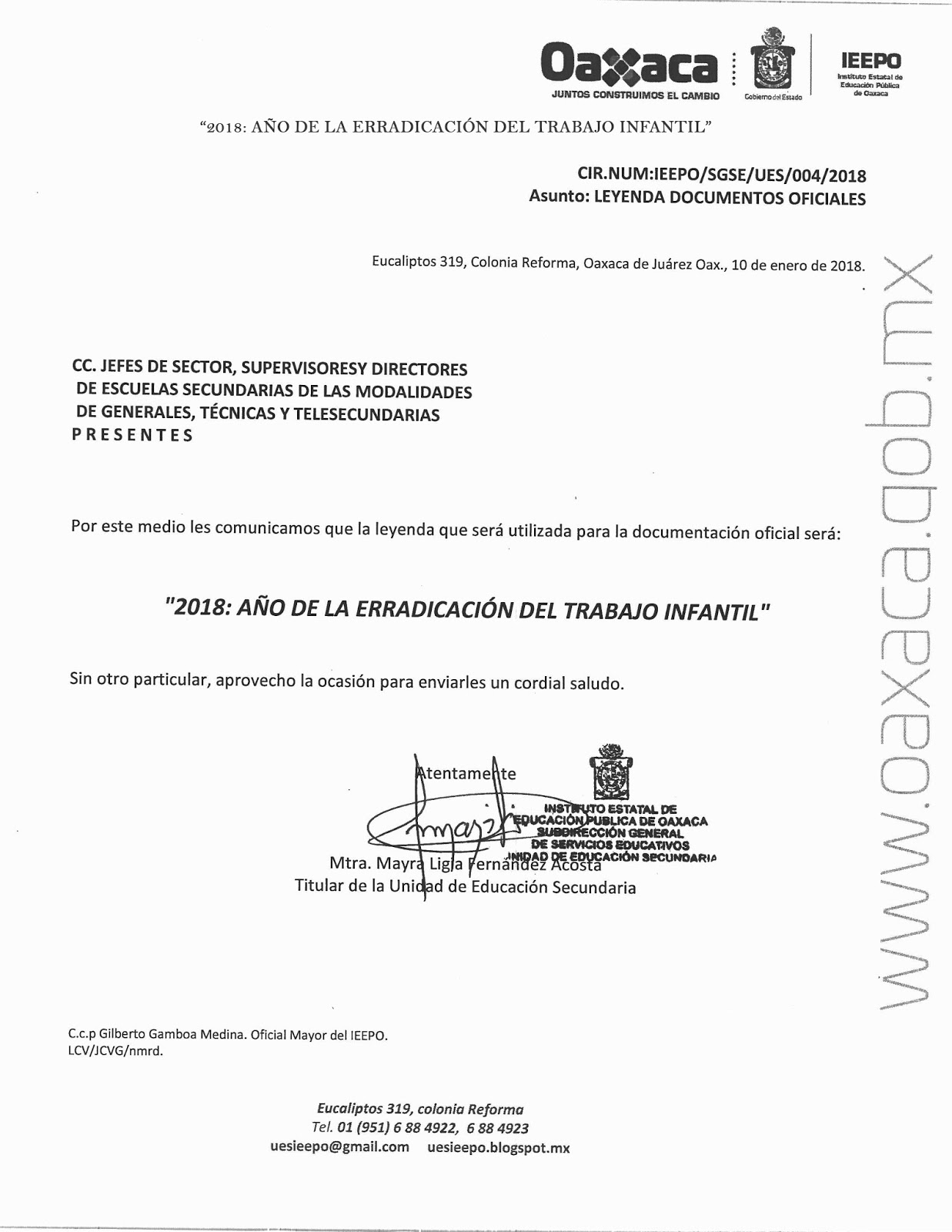 Unidad de Educación Secundaria IEEPO CIRCULAR. LEYENDA DOCUMENTOS