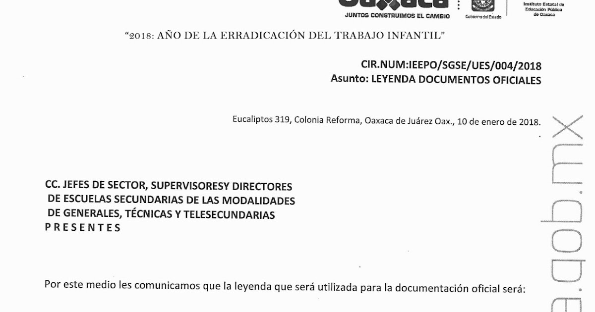 Unidad de Educación Secundaria IEEPO CIRCULAR. LEYENDA DOCUMENTOS