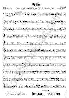 1  Hello by Adele Partitura de Trompeta, Clarinete, Saxofón Tenor, Soprano Sax Fliscorno... en si bemol Sheet Music for Trumpet, clarinete, soprano saxophone, tenor sax and Flugelhorn Music Scores
