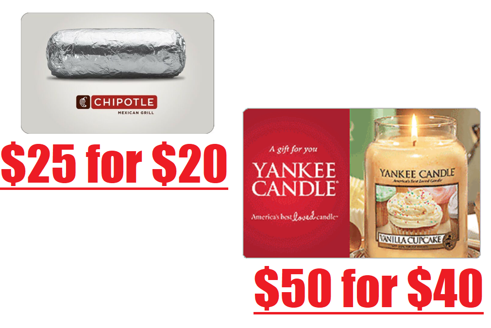 Gift Card Sale! 25 Chipotle Gift Card Only 20, 50 Yankee Candle Gift