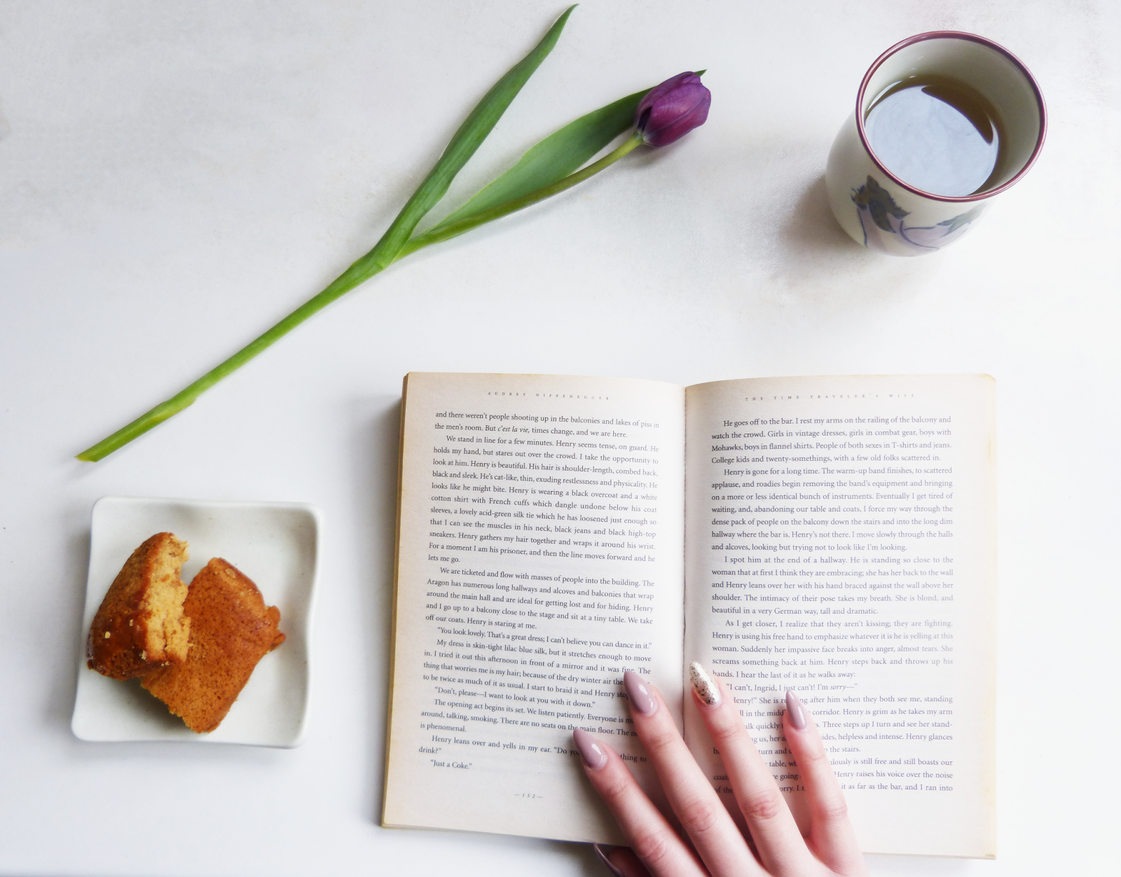 flat lay, blogger, book, purple tulip, hand, green tea, cake