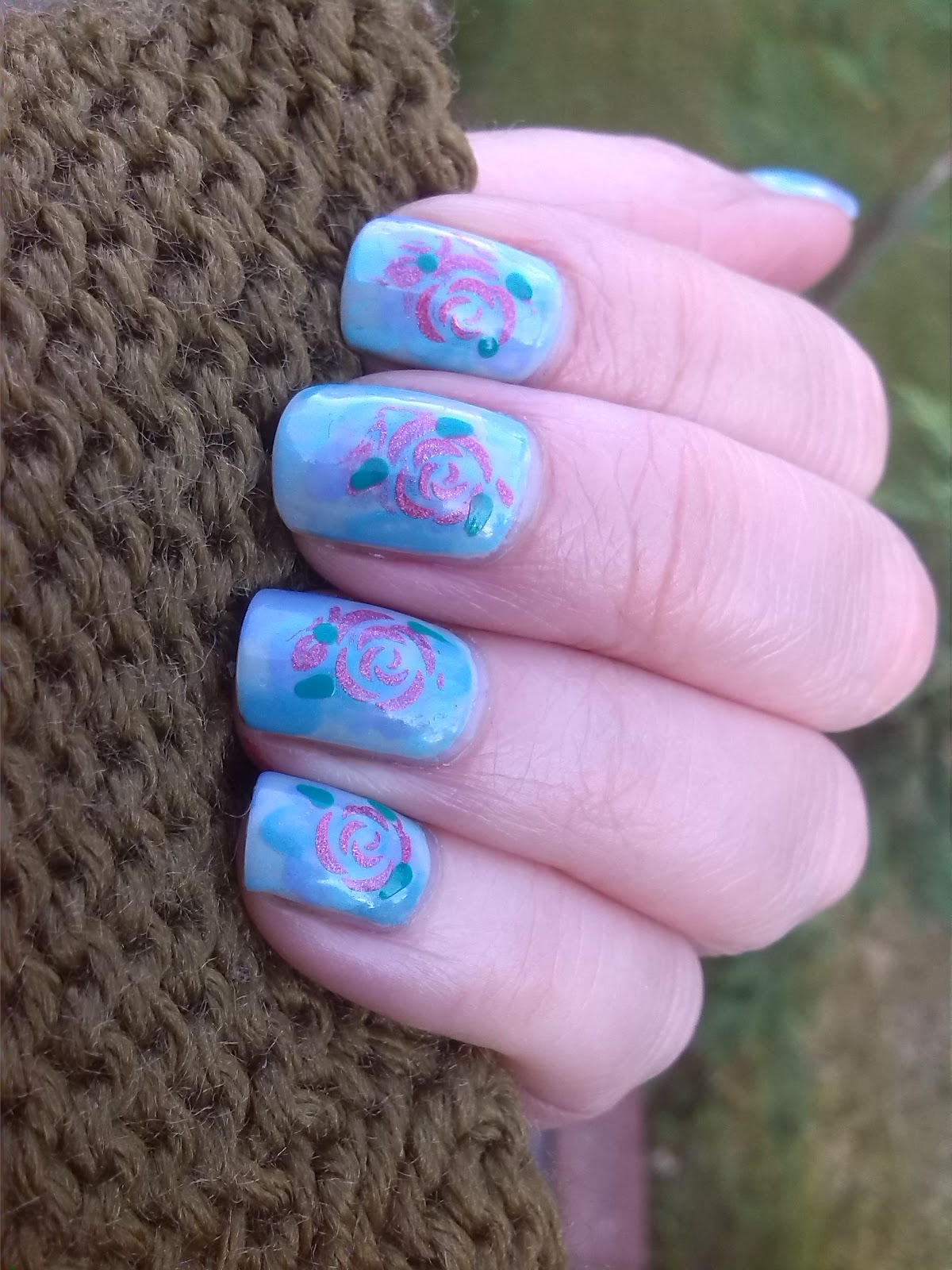 Stamping over watercolour mani
