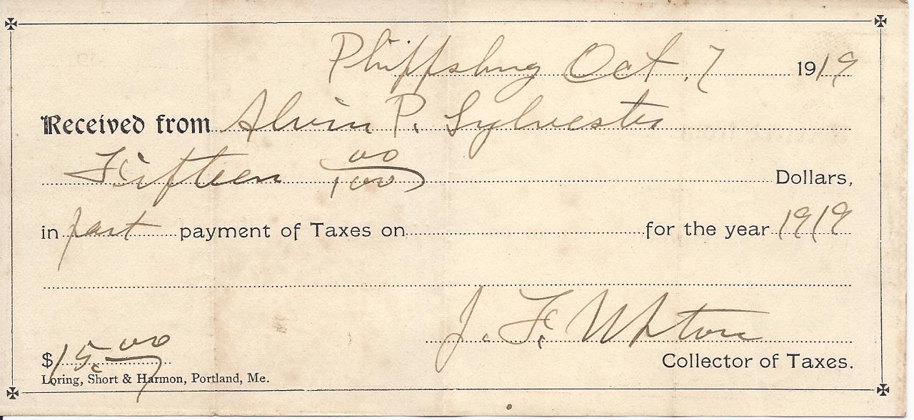 Heirlooms Reunited 1919 Receipt for Phippsburg, Maine Taxes to Alvin P