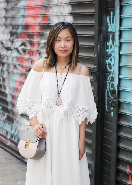 Layers of Chic Off the Shoulder Portrait Off-the-Shoulder Dress with Boho Necklaces