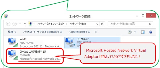 「Microsoft Hosted Network Virtual Adaptor」と表示されているアダプタを選択
