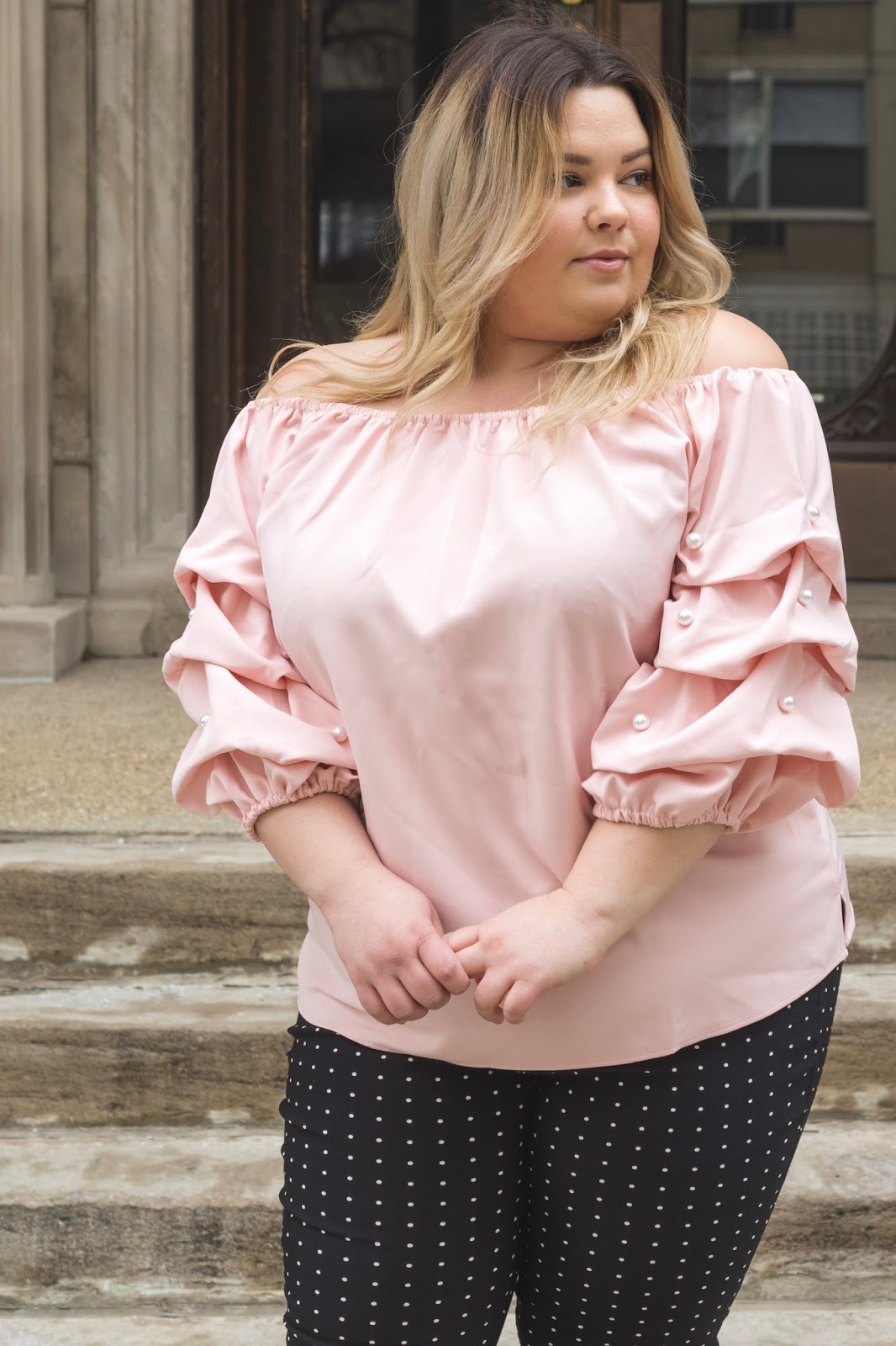 natalie Craig, Chicago model, Chicago plus size fashion blogger, plus size blogger, skorch magazine, plus model magazine, dare magazine Canada, fatshion, eff your beauty standards, embrace my size, embrace your size, dress barn, polka dot pants, plus size work pants, affordable plus size clothing for women, curvy clothes, ruched sleeves, pearls