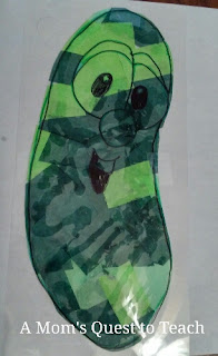 A Mom's Quest to Teach: Crafts: Veggie Tales Stained Glass #veggietales #kidscrafts #kidsart #stainedglass #fauxstainedglass Larry the Cucumber