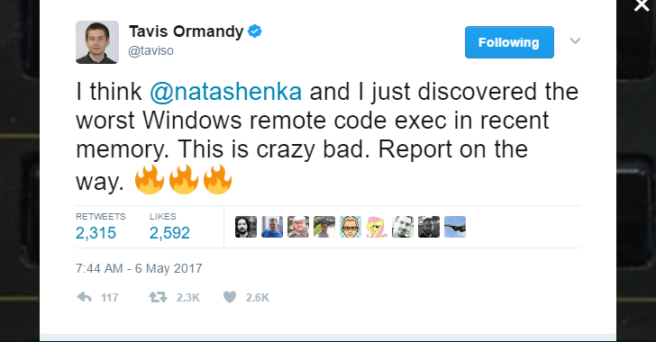 Tweet acerca de la falla RCE de Windows