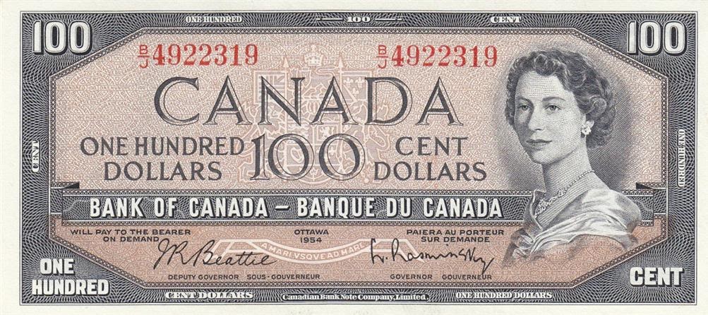 Canada banknotes 100 Canadian Dollars banknote of 1954 Queen Elizabeth ...
