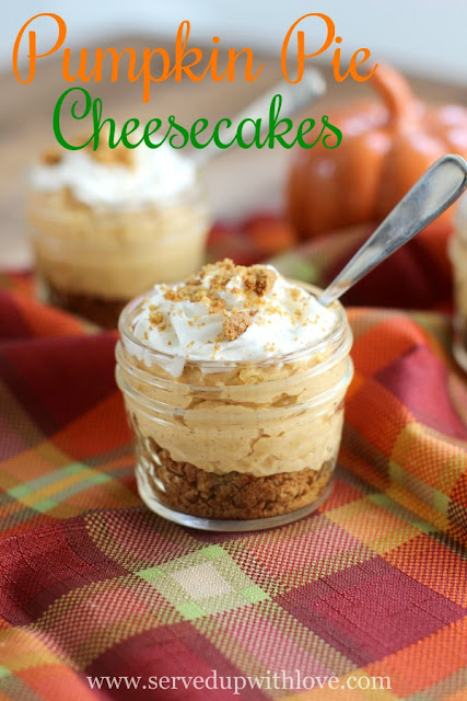 Pumpkin Pie No Bake Mini Cheesecakes recipe from Served Up With Love is an easy dessert when you are craving a pumpkin pie. 