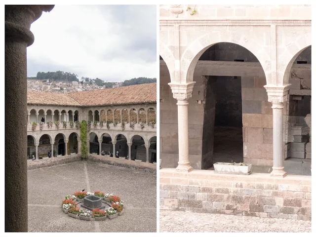 3 days in Cusco: Qorincancha in Cusco: courtyard with trapezoidal Incan doors and Spanish colonial arches