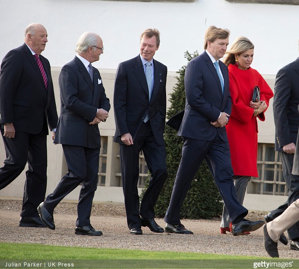 King Harald of Norway, King Carl Gustaf of Sweden, Henri Grand Duke of Luxembourg, King Willem Alexander of the Netherlands, Queen Maxima of the Netherlands, attend The traditional morning greeting at Fredensborg Palace, for Queen Margarethe II of Denmark on her 75th Birthday