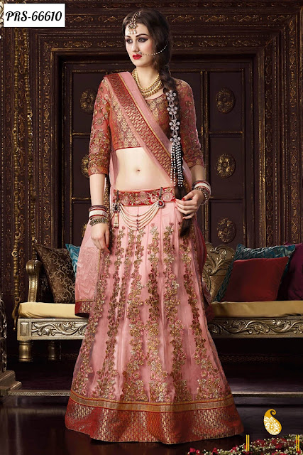 fancy peach color net designer lehenga ghagra chaniya choli collection for bride with great discount sale
