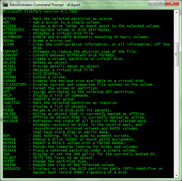 Screen shot of help in diskpart: Intelligent Computing