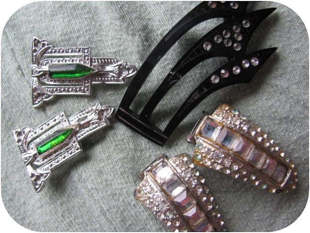 art deco 1920s 1930s rhinestone dress clips, shoe clips, vintage celluloud rhinestone brooch